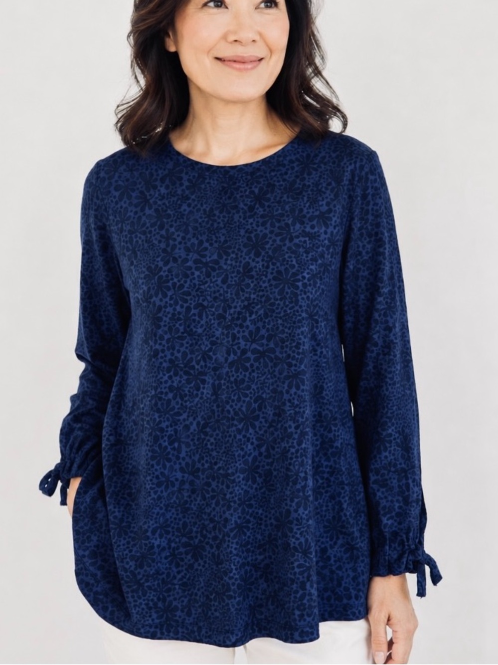 Gudrun Sjoden Organiic Cottom Blue Floral  Tie Cuff Tunic Top Long Sleeve Medium
